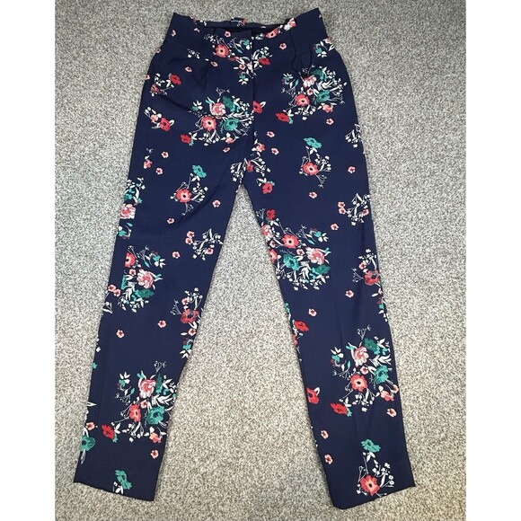 Express Ankle High Rise Belted Dress Pants Navy Blue Floral Sz 2 Business Casual - Picture 1 of 7